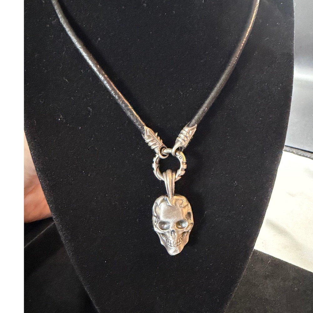 BICO Skull Pendant Necklace Black Cord Silver Tone Gothic Biker Rocker Statement